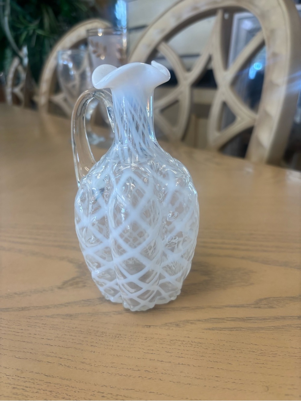 Petite White Latticed Glass Cruet Pitcher